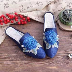 Summer Chinese Style Blue Flower Embroidery Pointed Toe Slip-Ons Mules Womens Slippers Casual Vintage Ethnic Style Fashion Streetwear Flat Shoes