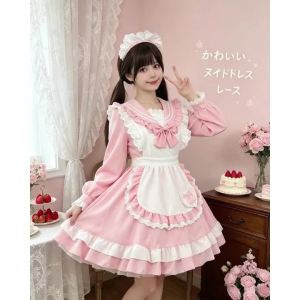 Women S-5XL Daily Japanese Sweet Sailor Lolita Lace Maid Dress Long Sleeve Apron Set Anime Cosplay Halloween Party Outfit