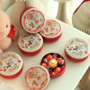 Wedding Red Bunny Lulu Small Rabbit Couple Candy Box Marriage Celebration round Drum Tin Can Sweet Sugar Box Gift Supplies