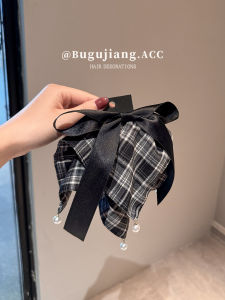 Gingham Pattern Hair Claw Clip Womens Half up Butterfly Knot Black Fabric Original Design Fashionable Retro Style Hair Accessory