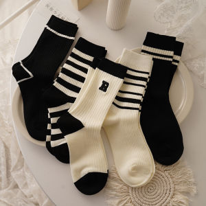 Womens Mid-Calf Knitted Socks 5 Pairs Combed Cotton Sports Stripe Pattern Autumn Winter Cotton Blend Breathable Anti-Odor