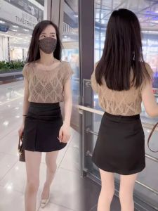 HUOLISI | Black Breathable Lace Hollow Knit Top