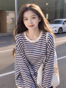 chaqi | Retro American Blue White Stripes Long Sleeve Womens T-shirt Autumn Base Layer Loose Slimming Top Chic Hong Kong Style