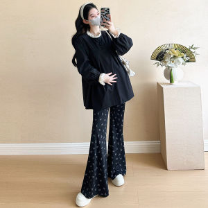 Stylish New Spring Maternity Set with Peter Pan Collar Lace Spliced Top Flare Pants