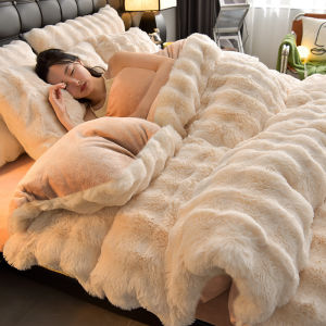 Gradual Change Rabbit Fluff Winter Double-sided Thick Warm Bed Sheet and Duvet Cover Set