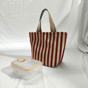 Casual Simple Large Capacity Canvas Bag Womens Korean Style Handbag Shoulder Bag Bento Bag Stripe Pattern Commuter Bag