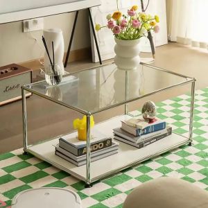 Modern Minimalist Living Room Coffee Table Stainless Steel Glass Double Layer Economic Home Use Rectangular Light Luxury Table