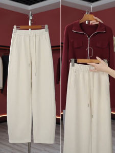 กางเกงผ้าขนสัตว์ทรงหลวมเอวสูงสำหรับผู้หญิงในฤดูหนาว กางเกงขายาวทรงหลวมสไตล์ลำลอง กางเกงขายาวทรงกลมสีเขียวมะพร้าว กางเกงขายาวทรงตรง