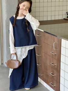 MPW | Girls Autumn Fashionable Retro Korean Style Three-Piece Set With Denim Lace Base Layer Clothes For Children Ages 3-13