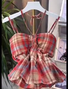 Áo 2 Dây Caro Babydoll Dễ Thương Dây Nơ Phối Đồ cực Đẹp