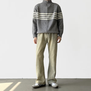 Mens Loose Straight Leg Jeans Yellow Mud Color Wide Leg Pants Casual Floor-Length Trousers Draping Effect Korean Style