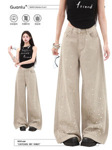 Quần Jeans Nữ Cạp Cao Kiểu Dáng Rộng Mùa Hè Đính Đá Rhinestone Phong Cách Retro Mỹ Quần Ống Rộng Thẳng