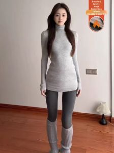Thermal Long T-shirt For Women Slim Waist Hips Covering Autumn Winter Gray