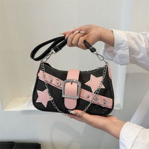 Retro Star Embroidery Denim Single Shoulder Bag Fashionable Trendy Womens Underarm Bag Cute Small Square Bag Net Red Bag