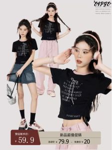 American Retro Hot Girl Black Bow Knot Short Sleeve T-Shirt Women Summer Shoulder Drawstring Design Short Top evPgb Commute