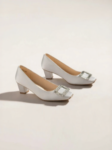 Reemoor | Autumn New French Style Square Toe Rhinestone Buckle Chunky Heel Low-cut Ladies Pumps
