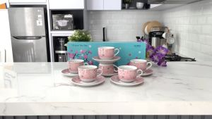 KOPIN cangkir set 6 pasang motif bunga hanna pink keramik / coffee tea set porcelain cup and saucer KPZ-05