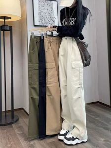 American Style Womens Cargo Pants Loose Fit Casual Hiking Straight Leg Wide Leg Pants High Waist Long Trousers Spring Autumn