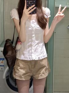 Quần Short Làm Việc Vải Lanh Cotton Cạp Cao Dáng Chữ a Rộng Rãi Màu Kaki Mùa Hè Cho Nữ Quần Short Công Sở Phong Cách Hàn Quốc