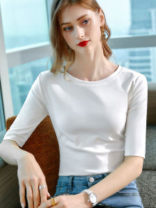 White Cotton Womens T-shirt Half Sleeve round Neck Slim Fit Base Shirt Commute Style Korean Version Breathable Comfortable