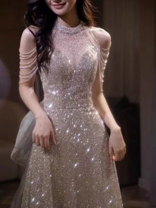 Evening Dress Light Luxury Minority Classy Halterneck Elegant Socialite Art Exam Silver Shiny Evening Gown Bride Fancy