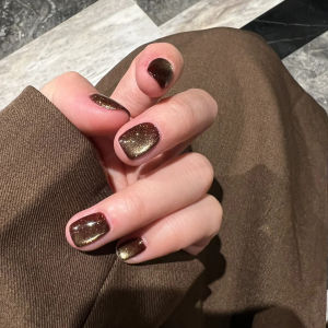 ติดเล็บเทียมแบบสวมใส่ทำมือสีทองน้ำตาล ลายตาแมว สไตล์ฤดูใบไม้ร่วง/ฤดูหนาว สำหรับผู้หญิง ชุดแต่งหน้า