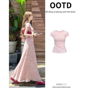 ZUKUN | Bộ Đồ Hè Hoa Hồng Cho Phụ Nữ Áo Tay Ngắn Chân Váy Chữ A