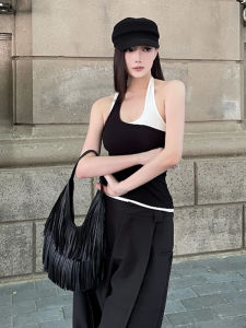 YUEZHONGWEI | Color Block Crop Top Womens Summer Outdoor Wear Slim Fit Short Sleeveless Vest U-Neckline Casual Daily Fashion Trend