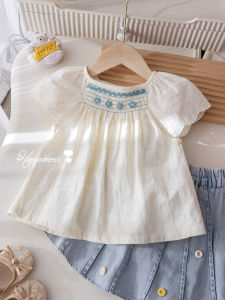 Floral Embroidered Loose Lace Flutter Sleeve Girls Summer Blouse