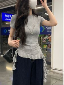 plus Size Tie Dye Short Sleeve T-Shirt Womens Summer Design Asymmetrical Lace Edge Spicy Girl Top Korean Style Slim Fit