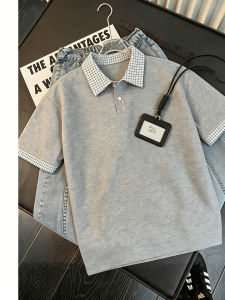 Áo Polo Hai Mảnh Đính Plaid Xám Cổ Trụ Dáng Thẳng Mùa Hè