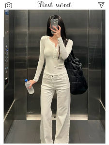 American Style Low Waist Bell Bottom Jeans Womens Autumn Winter Fleece Lined Loose Slimming Small Size White Denim Pants