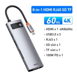 BASEUS | Baseus 4K 60Hz USB C Hub Type C to HDMI SD TF Ethernet Port PD 100W Fast Charging USB 3.0 Adapter for Macbook Laptop Tablet HUB