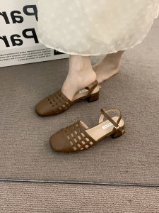 Retro Brown Hollow out Sandals Womens Chunky Heel Mary Janes Roman Shoes Summer 2024 French Fairy Tale Style Toe Post Sandals