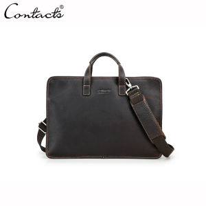 CONTACTS Genuine Leather Mens Sling Briefcase Male Shoulder Bag Business Bags for 15.6 inch Laptop Bags