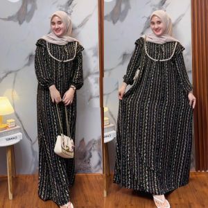 Tampil Trendy Lebaran 2025 terbaru Gamis motif set hijab klok lebar jumbo adem lembut  Elegan Mewah Bahan Rayon
