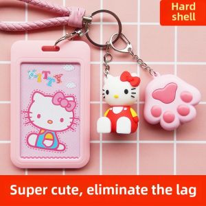 Cute KT Cat Card Holder with Lanyard for Student Lunch Card And Bus Card Hard Shell Kindergarten Pickup Card Case Korean Style