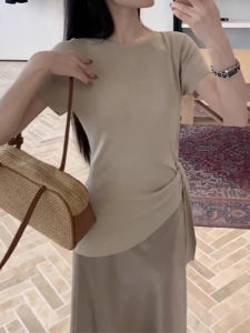 YUEZHONGWEI | French Round Neck Ice Silk Knitted Short Sleeve T-Shirt Women Summer Unique Beautiful Waist Cinched Belted Top Korean Style Slim Fit Pure Color