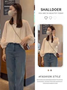 Shalldoer | French Lace Splicing Design Long Sleeve Womens Shirt Loose Bubble Sleeve Top Casual Style Round Neck Button Detail