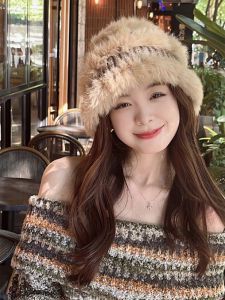 Korean Style Warm Furry Knitted Fishing Cap Womens Winter Sweet Lion Wake up Hat Thick Rabbit Fur Yarn Crochet Basin Hat