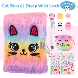 Cat Diary with Lock for Girls Gift Tie-Dye Fuzzy Secret Journal for Kids with 160 Pages Plush Notebook for Writing & Drawing