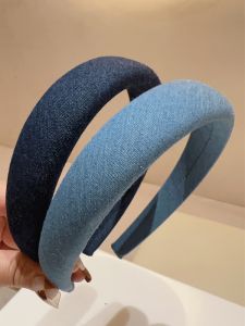 Blue Denim Wide Sponge Hairband Basic Pressed Hair Clip Retro Classic Headband Simple Pure Color Stylish Korean Fashion Accessory