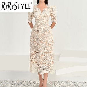 Apricot เดรสลูกไม้งานพรอมผู้หญิงเสื้อเชิ้ตคอวีดอกไม้ Hollow newชุดสุภาพสตรีแขนสั้น Elegant เสื้อกั๊ก Idos De Mujer ฤดูใบไม้ร่วง