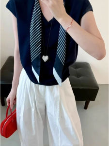 YUEZHONGWEI | French V-neck Silk Scarf Knot Shoulder Ice Silk Knitted Short Sleeve T-shirt Women Summer New Slim Short Top Korean Style Pure Color