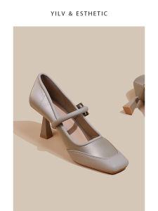 รองเท้าแมรี่เจนฝรั่งเศส ผู้หญิง ฤดูใบไม้ผลิ 2024 สไตล์ใหม่หัวเข็มขัดโลหะหัวแบนรองเท้าส้นสูงส้นบางรองเท้าเดียว ทันสมัย เดินทาง