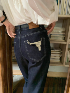 NIHAOKANONG | Quần Jeans Dáng Suông Thắt Dây Cao Cho Phụ Nữ Bé Nhỏ Màu Xanh Đậm