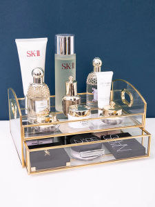 Luxurious Gold Rimmed Glass Desktop Makeup Storage Box Transparent Lipstick Skincare Mask Organizer Rack for Bedroom