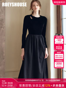 Roey S House Velvet Hollow out Dress Womens Winter New Style Black Splicing Dress Elegant City Commuting Long Sleeve round Neck