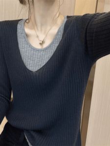 French Style Ladies Knitted Sweater Simple Fashionable V-Neck Long Sleeve Inner Wear Top Trendy Commute Korean Version Regular Fit