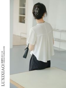 White Short Sleeve round Neck T-Shirt Womens Versatile Solid Color Korean Style Back Design Short Top LUXIXIAO Commuter Classic Summer